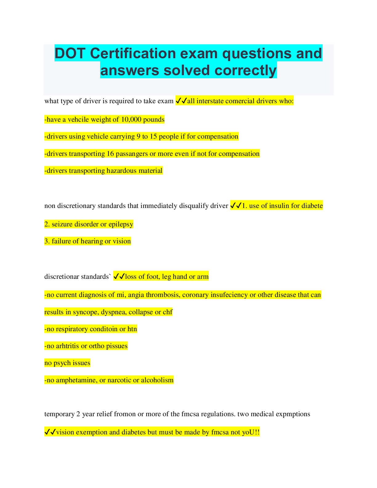 DOT Certification exam questions and answers solved correctly